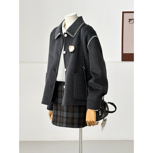 【山涧宁海】秋冬减龄小个子学院风甜美娃娃领山羊绒羊毛大衣FS07