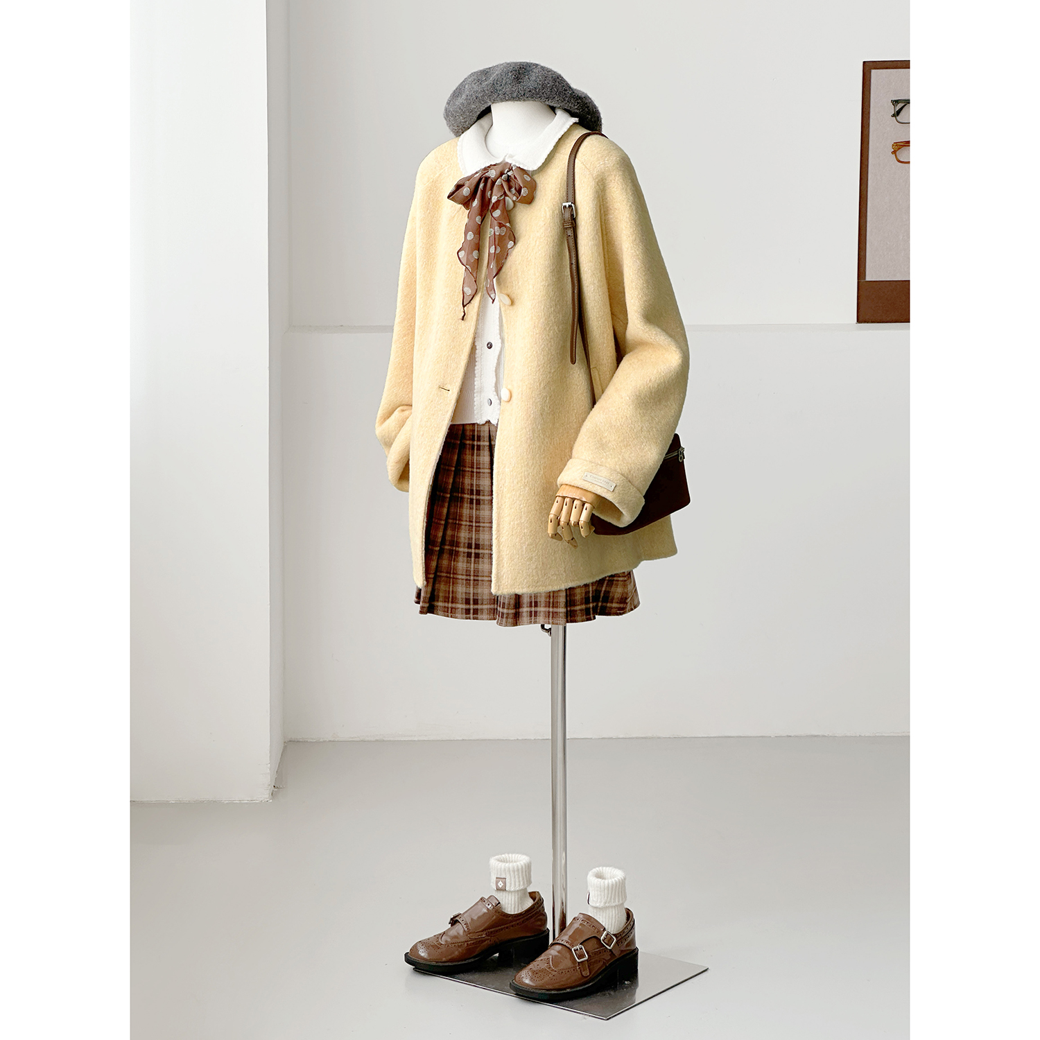 学院风圆领杂色奶黄羊毛毛呢大衣女中长款显瘦小个子外套ZX15