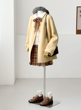 满减学院风圆领杂色奶黄羊毛毛呢大衣女中长款显瘦小个子外套ZX15