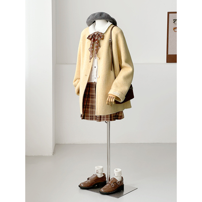 满减学院风圆领杂色奶黄羊毛毛呢大衣女中长款显瘦小个子外套ZX15