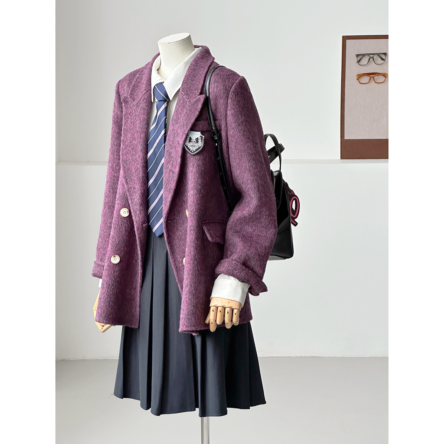 满减学院风紫色桑蚕丝羊毛毛呢大衣女西装款翻领老钱风外套HL27-3