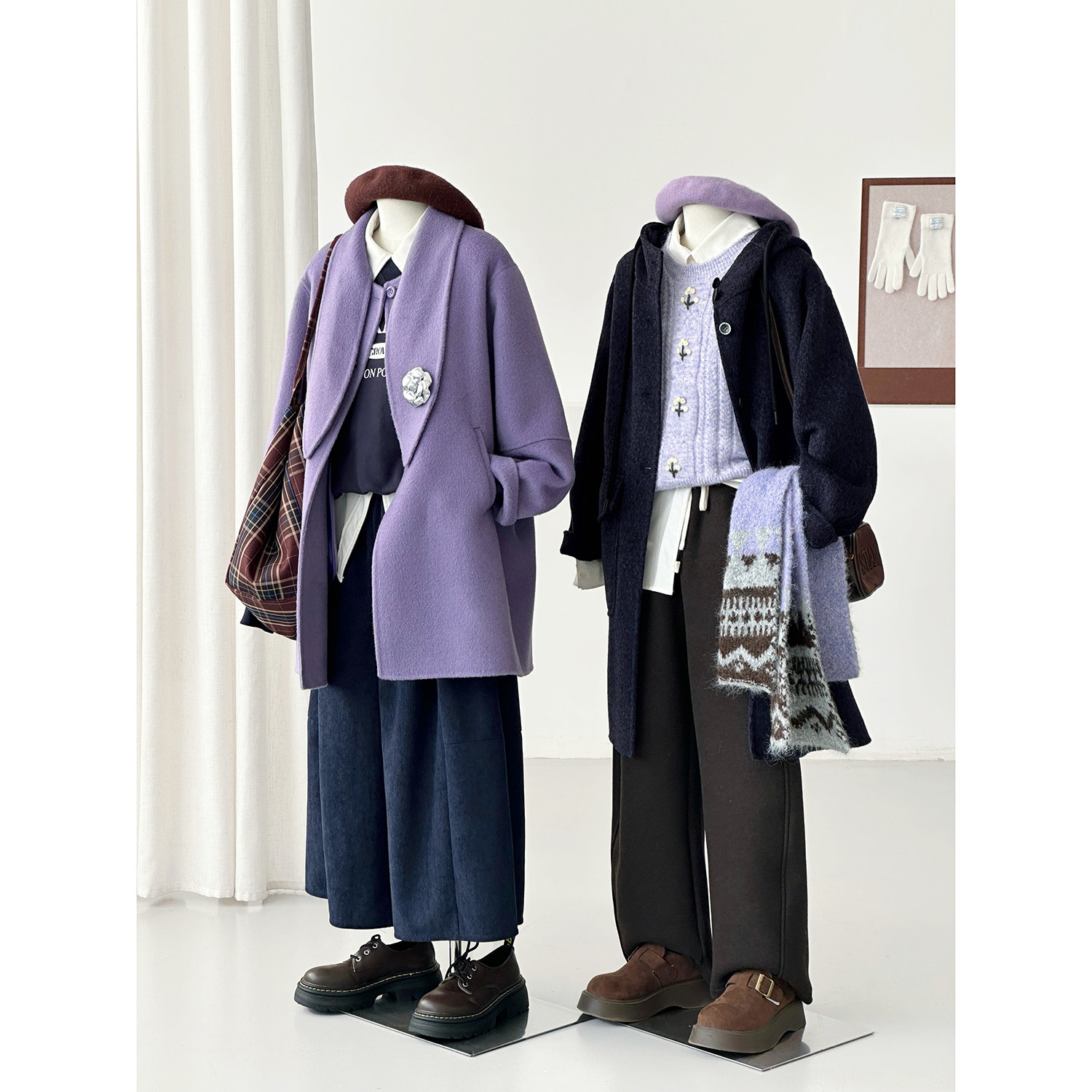 韩系学院紫色毛呢外套女中长款围巾减龄百搭羊毛大衣HL165/hl111