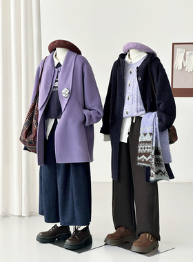 韩系学院紫色毛呢外套女中长款围巾减龄百搭羊毛大衣HL165/hl111