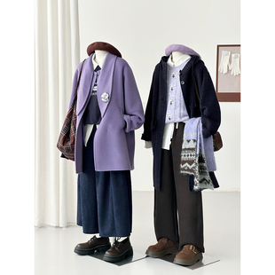 韩系学院紫色毛呢外套女中长款围巾减龄百搭羊毛大衣HL165/hl111