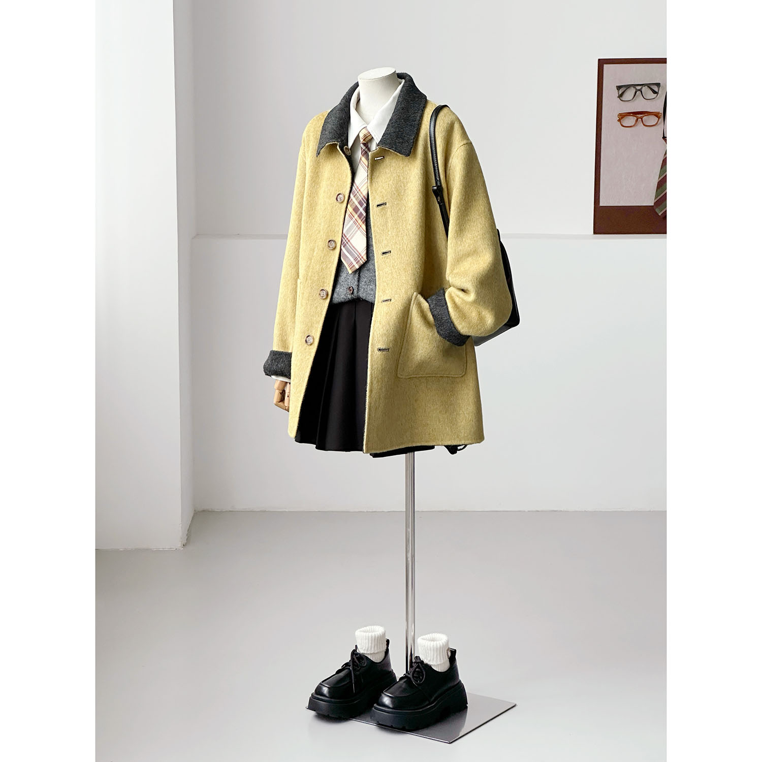 秋冬减龄韩系学院风双面穿百搭手缝绵羊毛大衣外套HL122-1