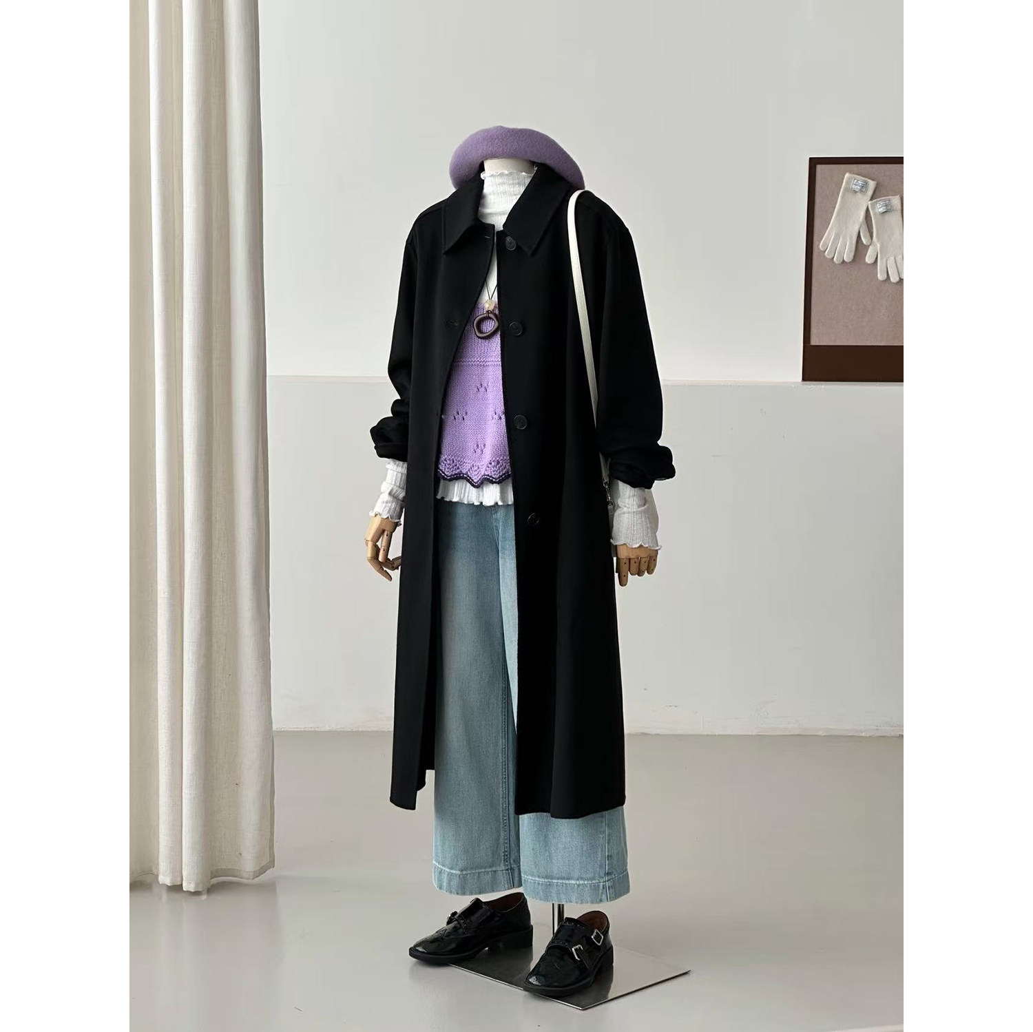 满减老钱风黑色毛呢大衣女长款西装领高级感外套学院风LPP250