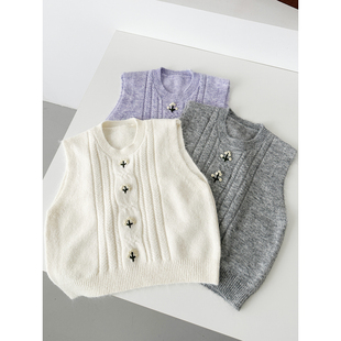 小花马甲秋冬休闲减龄小个子韩系学院圆领无袖针织马甲背心MJ041