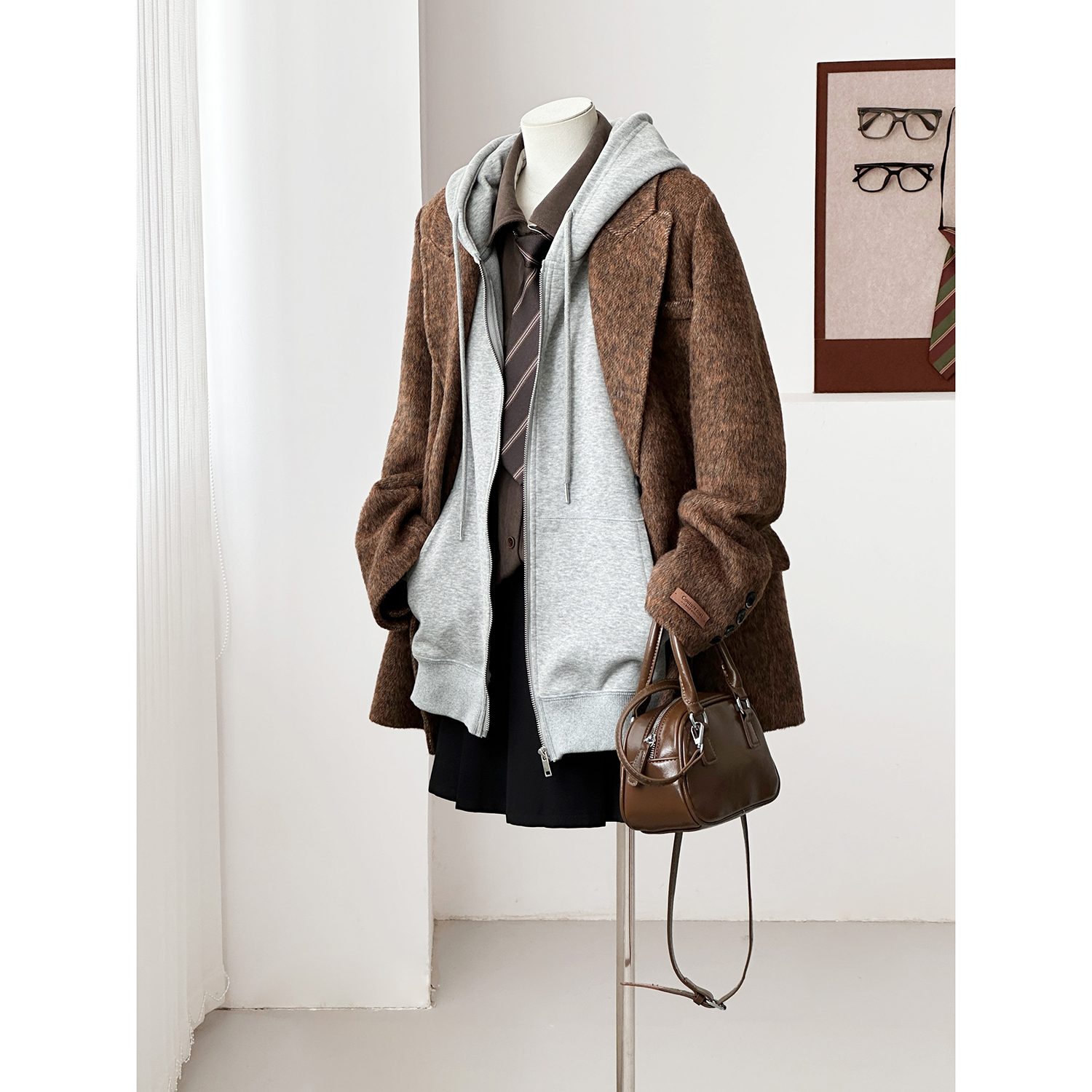 秋冬减龄小个子韩系学院风通勤百搭手缝桑蚕丝羊毛大衣外套HL27-3