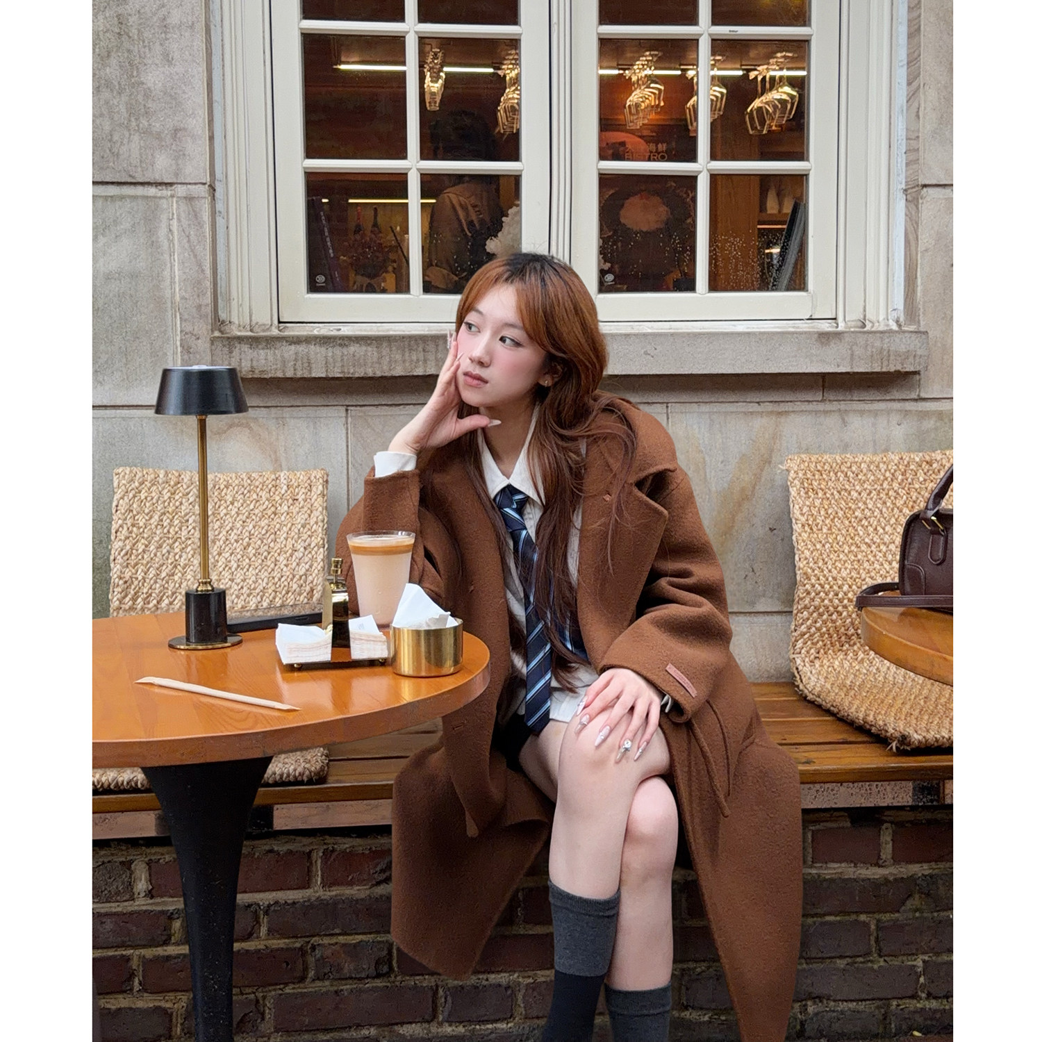 反季-学院毛呢外套女秋宽松百搭牛角扣连帽长款显瘦气质大衣ZX16