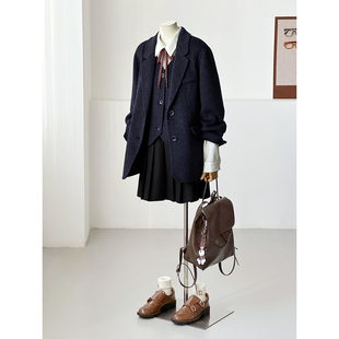 学院风西装毛呢外套女假两件杂色面料韩系小个子秋冬大衣HL154