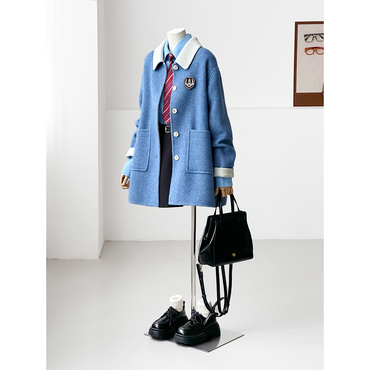 秋冬减龄韩系学院风百搭蓝色双拼色通勤时尚蓝色羊毛大衣HL122-1