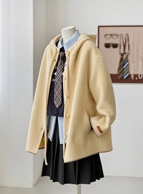 秋冬连帽减龄百搭学院可爱小个子双面呢外套手缝羊毛可爱大衣FS05
