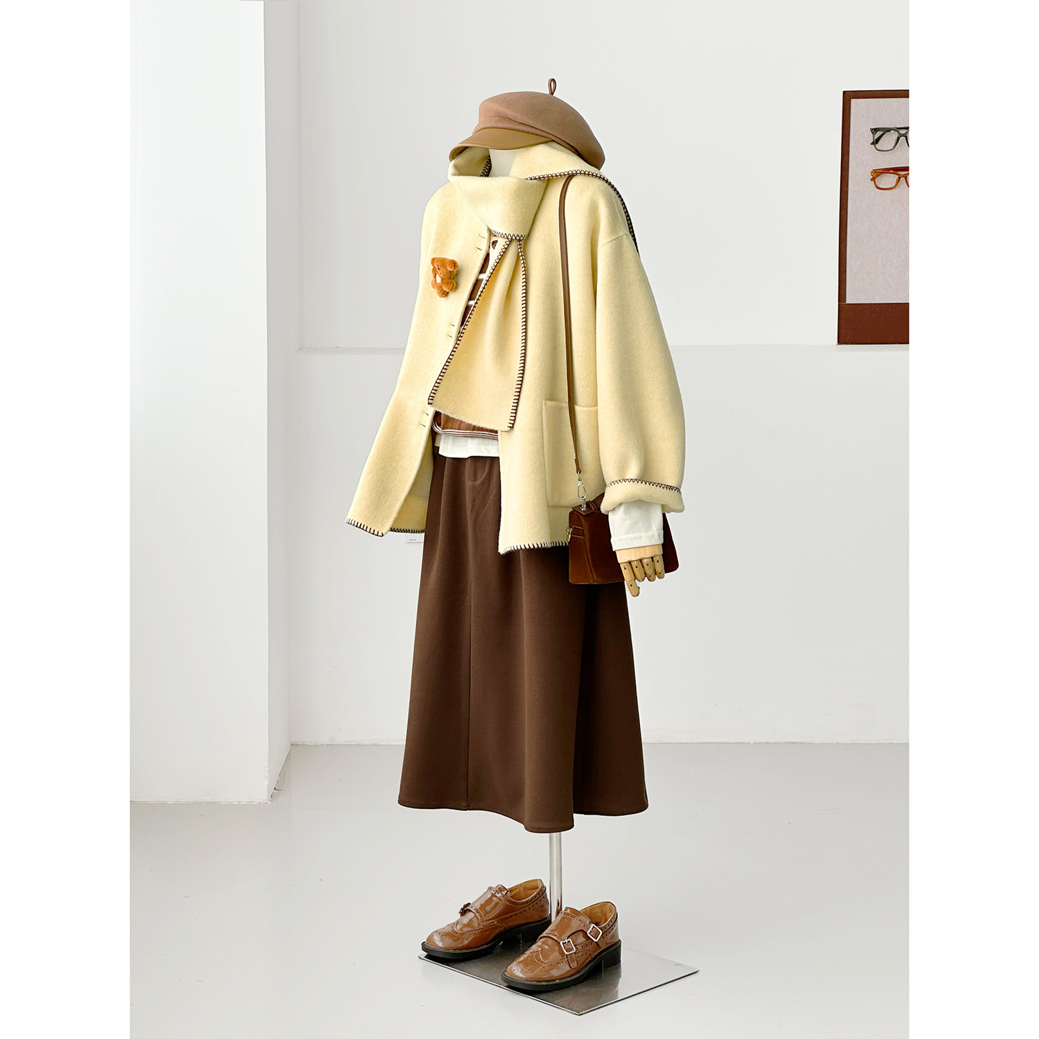 秋冬新学院风围巾款毛呢外套女中长款奶黄色减龄小个子大衣FS06