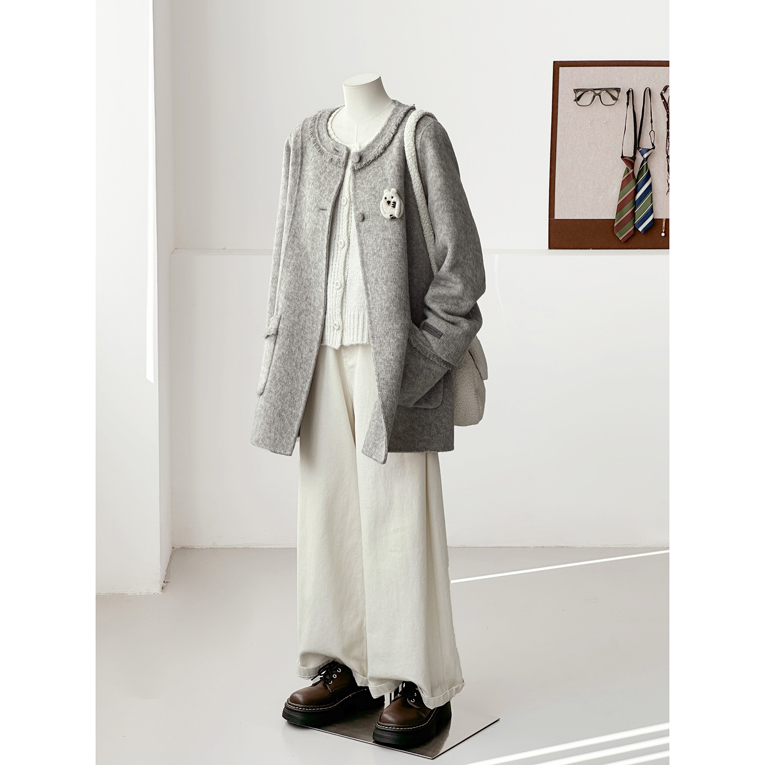 秋冬新小个子桑蚕丝休闲减龄少女灰色学院风羊毛大衣外套HL125-1