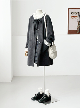 秋冬减龄小个子韩系学院风甜美蝴蝶结手缝绵羊毛大衣外套FS16