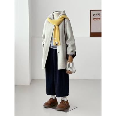 秋冬新韩系学院风连帽毛呢大衣女中长款灰色减龄百搭外套FS10