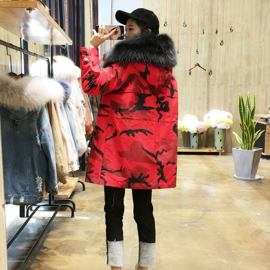 MC leather and fur Chaopai bright red camouflage Hooded Overcome Rabbit Internal bile Raccoon fur collar Long coat M262in the Women's clothing/Boutique , Fur  category - from Buy2taobao.com to provide professional Taobao agent buy service