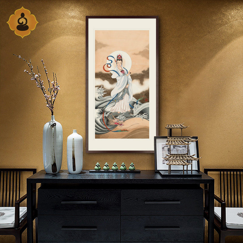工笔人物国画龙头鳌鱼骑龙观音菩萨画像玄关书房中式卷轴画框挂画
