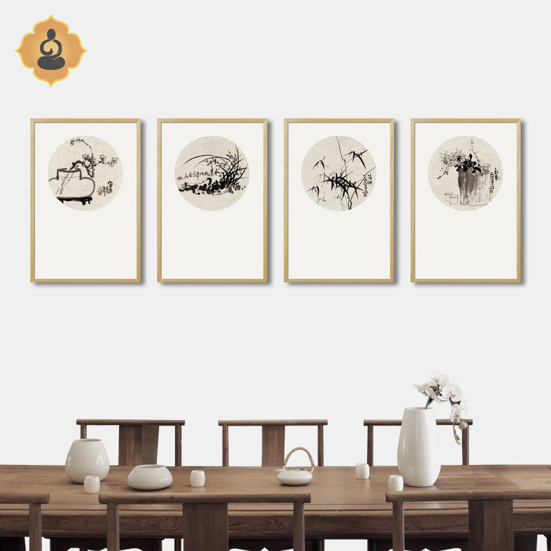 写意花鸟水墨国画梅兰竹菊圆形扇面客厅书房餐厅现代中式装饰挂画