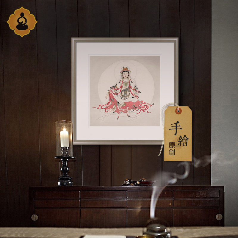 手绘真迹工笔人物佛像国画水月观音菩萨画像玄关佛堂装饰画框挂画