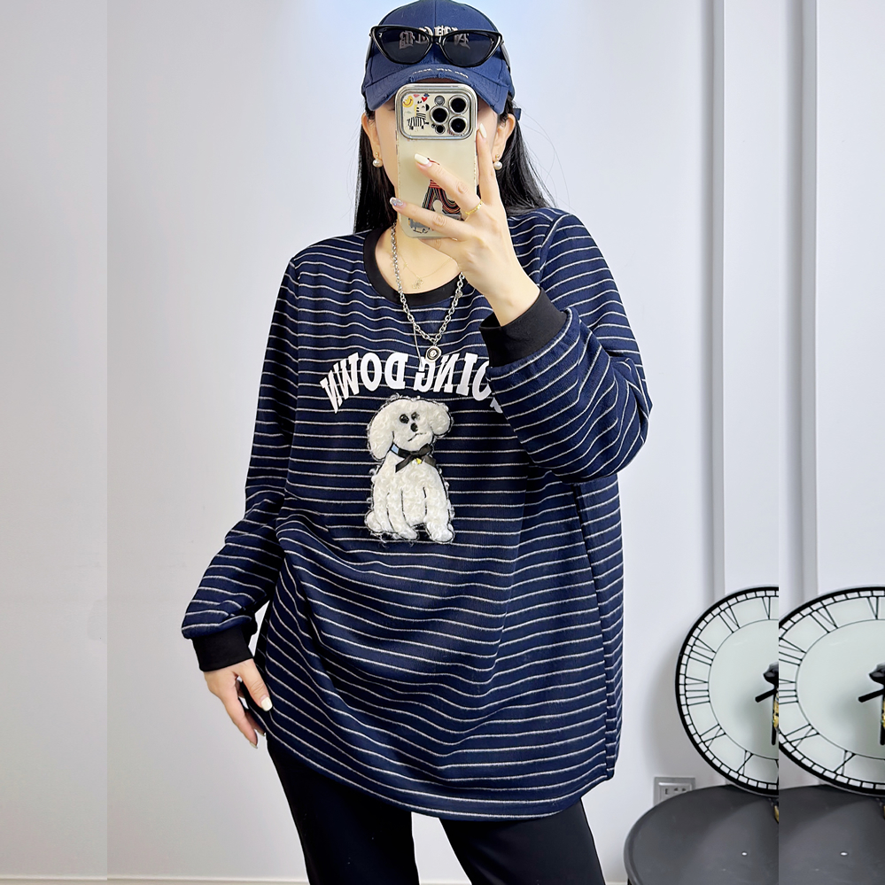 UP3229冬加大码磨毛卫衣女 210斤胖妹mm纯棉条纹长袖坑条中长衫厚