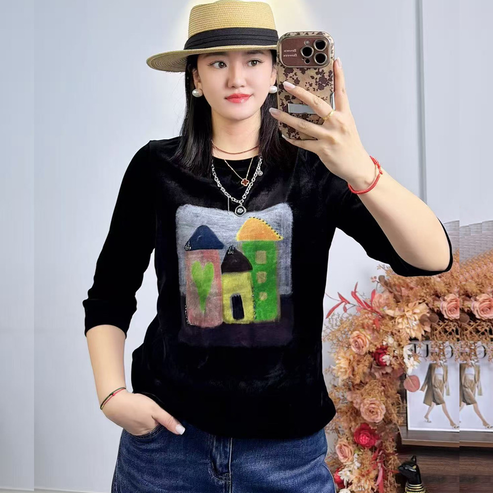 宜语析6592秋加大码七分袖卫衣女 210斤胖妹mm丝绒修身显瘦打底衫