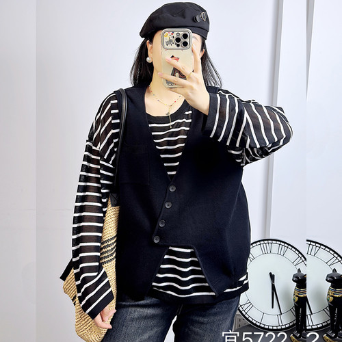 宜语析5722秋加大码两件套女条纹