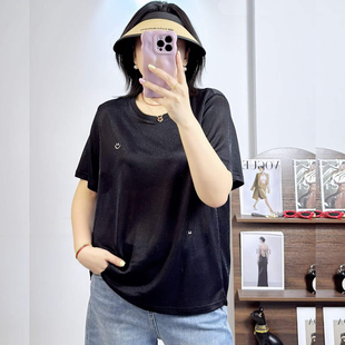 米莱奇6681夏加大码短袖T恤女 200斤胖妹m弹力醋酸星空笑脸打底衫