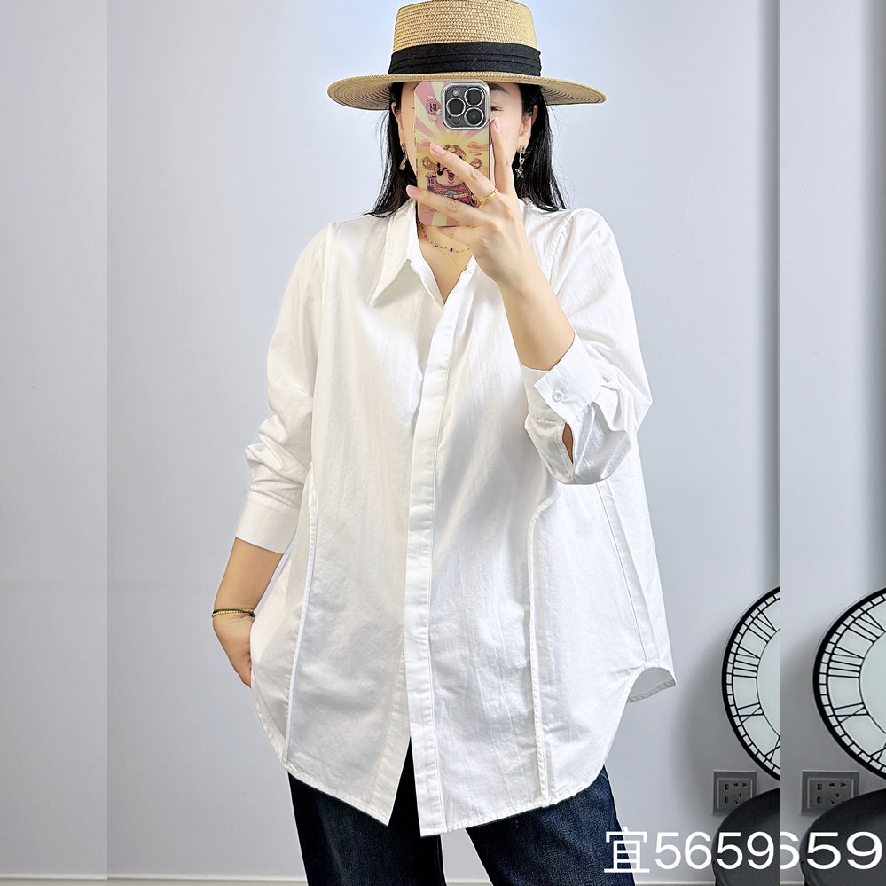 宜语析5659秋季加大码衬衫女 200斤胖mm纯棉长袖休闲白色衬衣外套