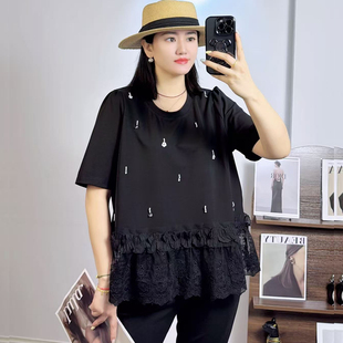 大衫 190斤胖妹mm空气棉蕾丝花边短袖 T恤女 香港芸卉26604夏加大码