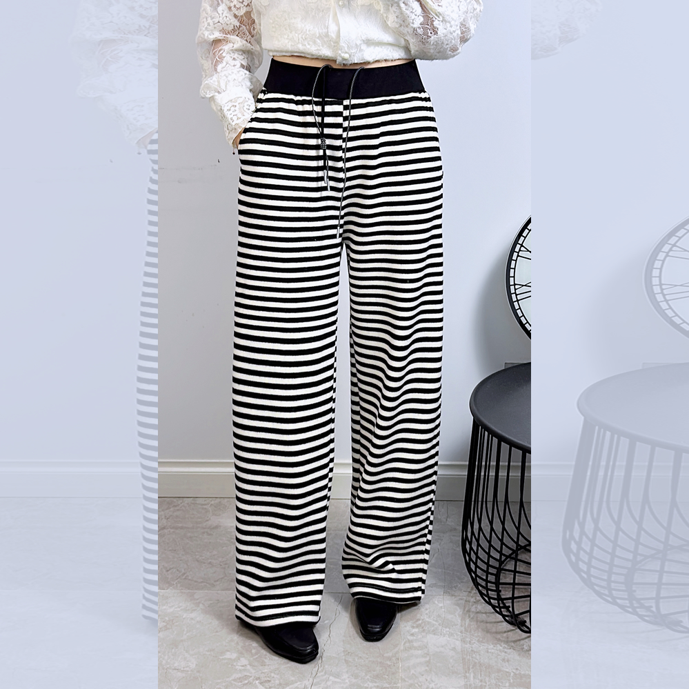 宜语析5863冬加大码条纹弯刀裤女 200斤胖妹mm松紧腰阔腿拖地长裤
