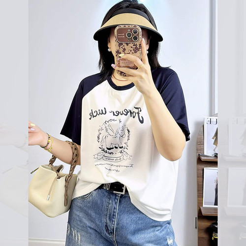 米莱奇66118夏季加大码短袖T恤女 200斤胖妹mm超薄空气棉撞色大衫
