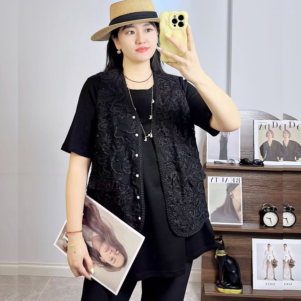 香港芸卉25301春夏加大码上衣真两件套女 190斤胖妹m短袖T恤+马夹