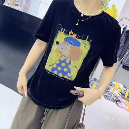 宜语析6593秋加大码短袖卫衣女 210斤胖妹mm减龄金丝绒显瘦打底衫