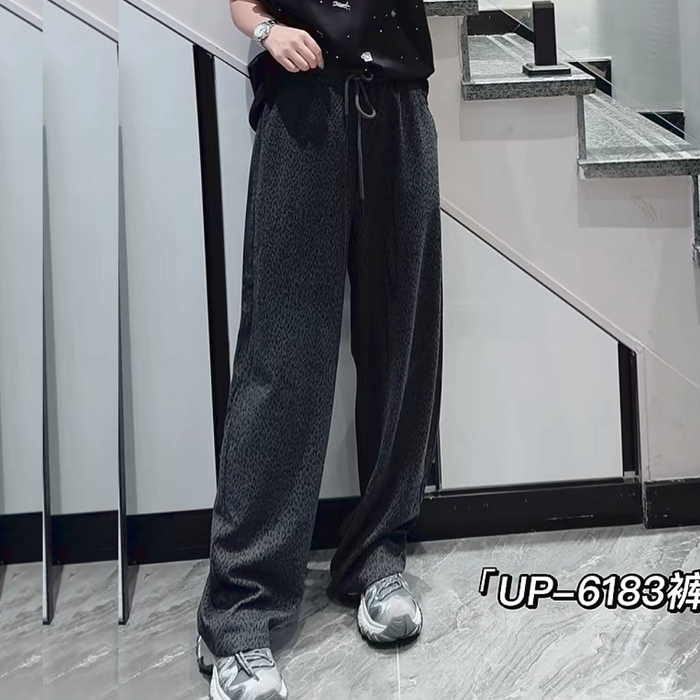 UP6183秋加大码直筒裤女 200斤胖妹妹mm松紧带腰豹纹显瘦休闲长裤