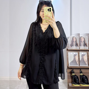 雪纺衫 大衫 女 法式 210斤胖mm显瘦V领九分袖 香港芸卉25304春夏大码