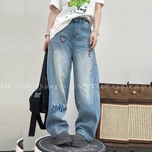 宜语析5938春季加大码弯刀牛仔裤女 190斤胖妹mm潮牌弹力字母长裤