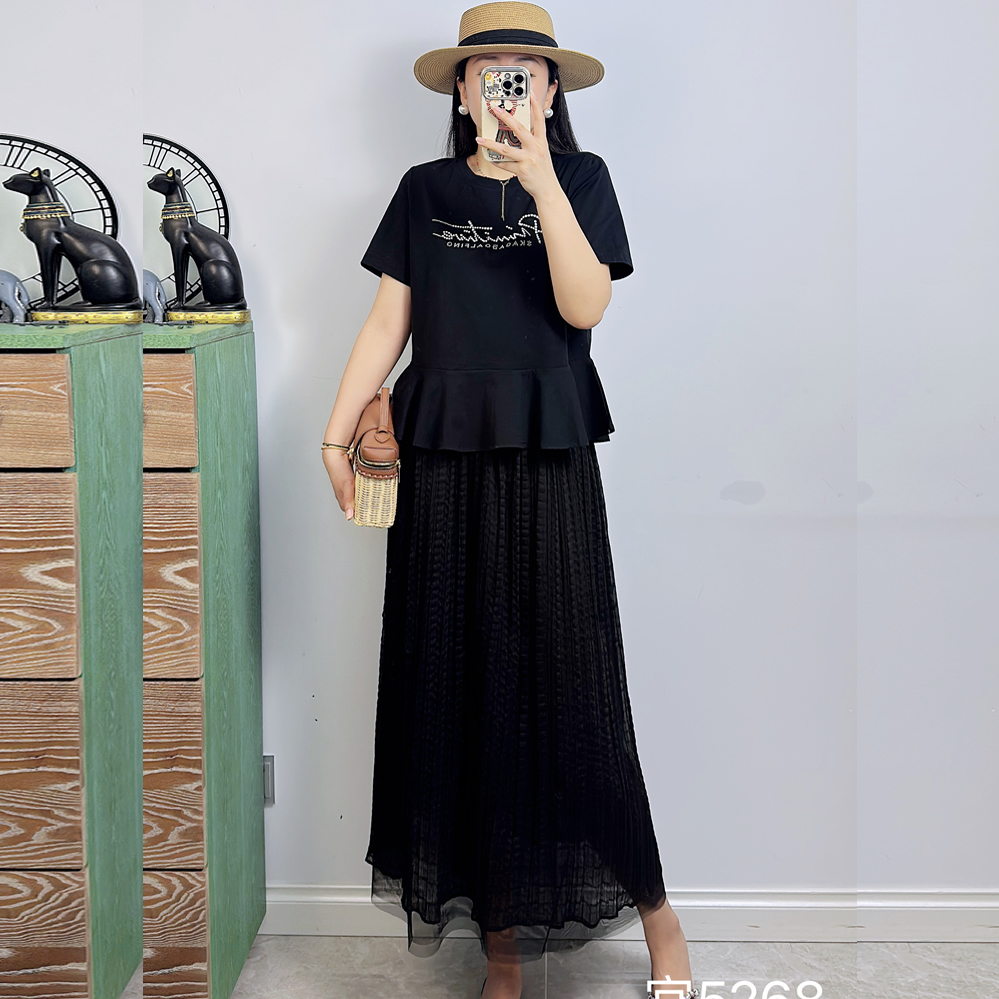 特！5268夏大码时尚套裙女200斤胖妹m短袖收腰T恤+半身裙两件套