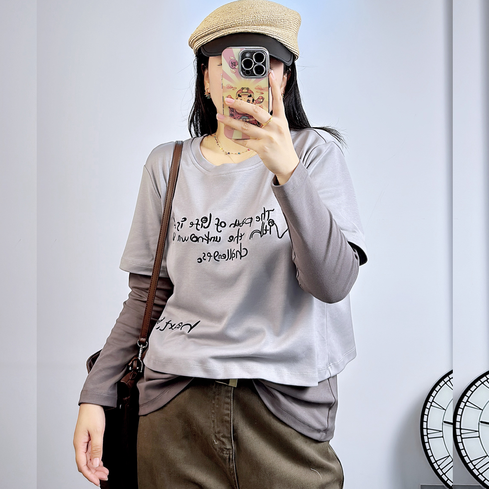 宜语析5651秋加大码卫衣女 200斤胖妹mm纯棉长袖T恤潮牌假两件套