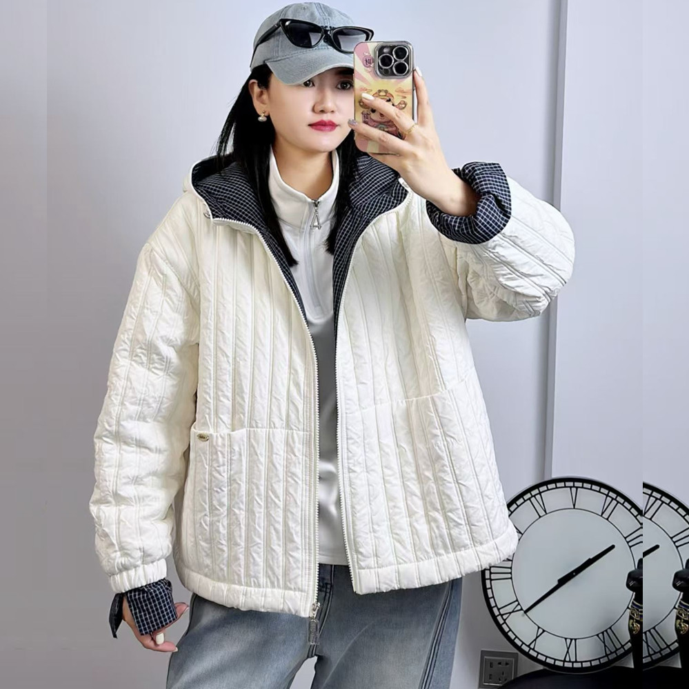 米莱奇6908冬加大码棉服女 210斤胖妹mm连帽轻薄假两件套棉衣外套