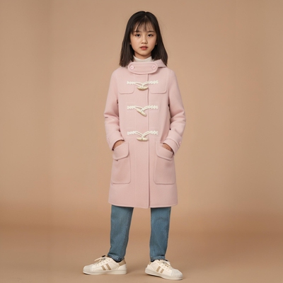 韩国小熊TW粉色儿童毛呢连帽牛角扣羊毛大衣中长款外套女童秋冬款