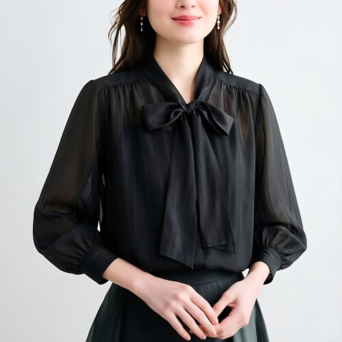重要场合漂亮黑衬衫Spick&S蝴蝶结飘带高级光泽感上衣女2026新款