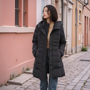 特价 日本N@lley's中长款黑色连帽收腰立领羽绒服保暖外套女冬季