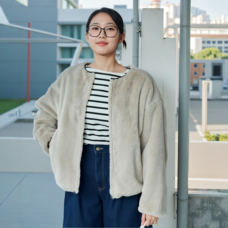 日本圆领宽松休闲环保皮草女士短款毛毛外套无领夹克2025秋冬新款