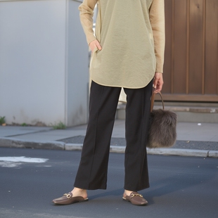 松紧高腰直筒西装裤脚口开叉黑色休闲长裤女小个子秋冬