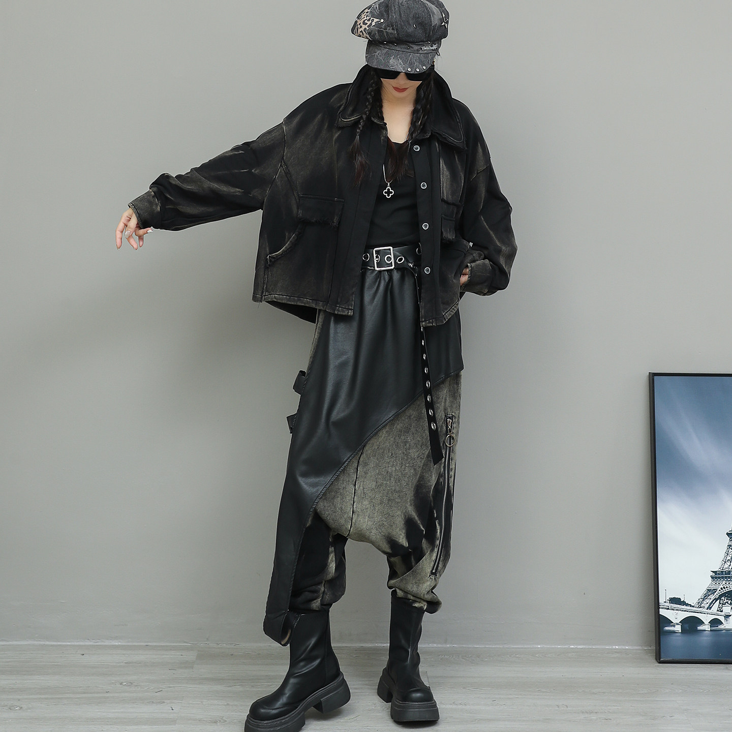 个性做旧翻领不对称开衫外套吊裆垮裤两件套女春季宽松时尚套装潮