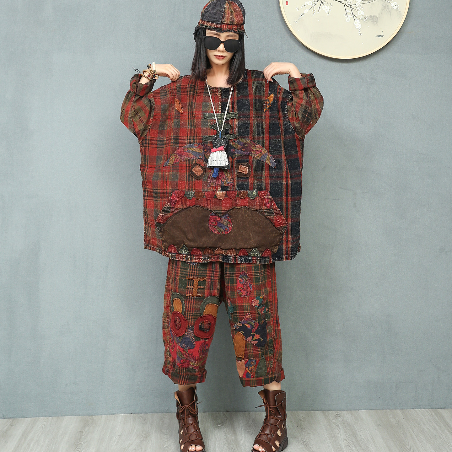 复古做旧格子老布拼接圆领长袖上衣长裤两件套女春装宽松休闲套装