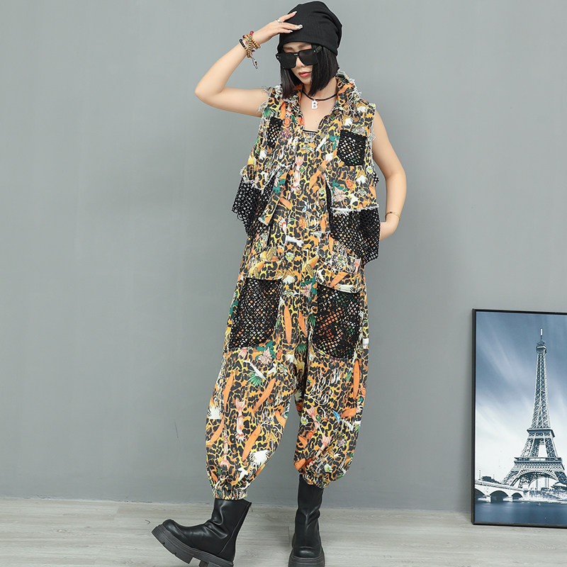 个性小众款豹纹印花牛仔拼接网眼马甲背带裤两件套女宽松时尚套装