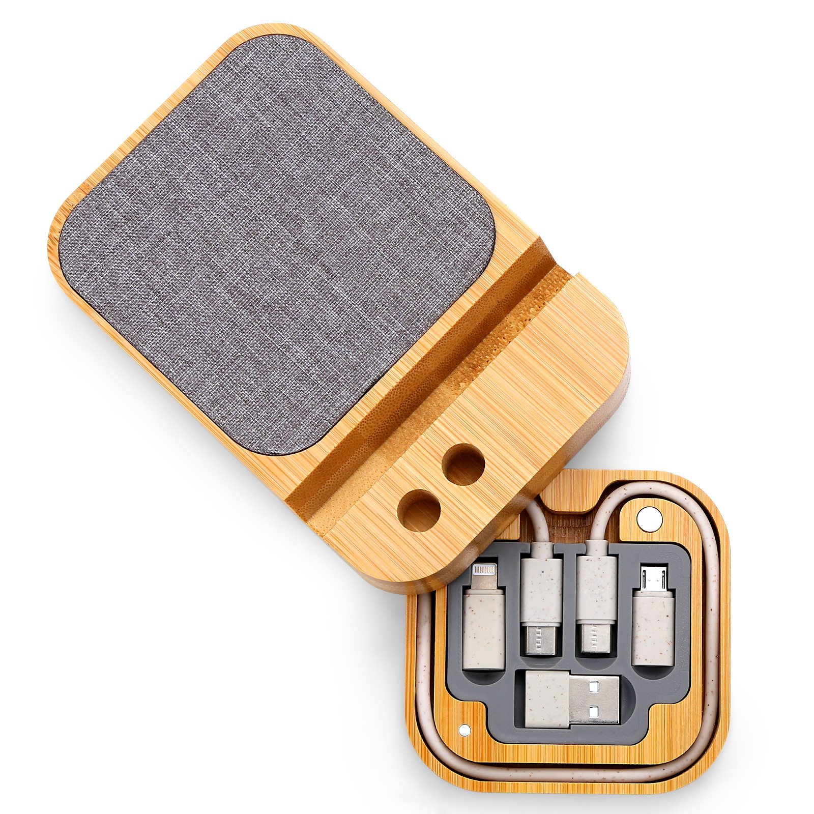 环保便携式六合一竹木数据线收纳盒无线充电器多功能礼品定制logo