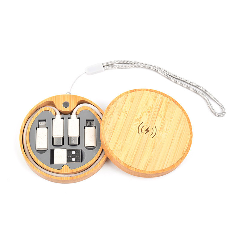 便携式六合一竹木数据线快充15W无线充电器多功能收纳盒定制logo